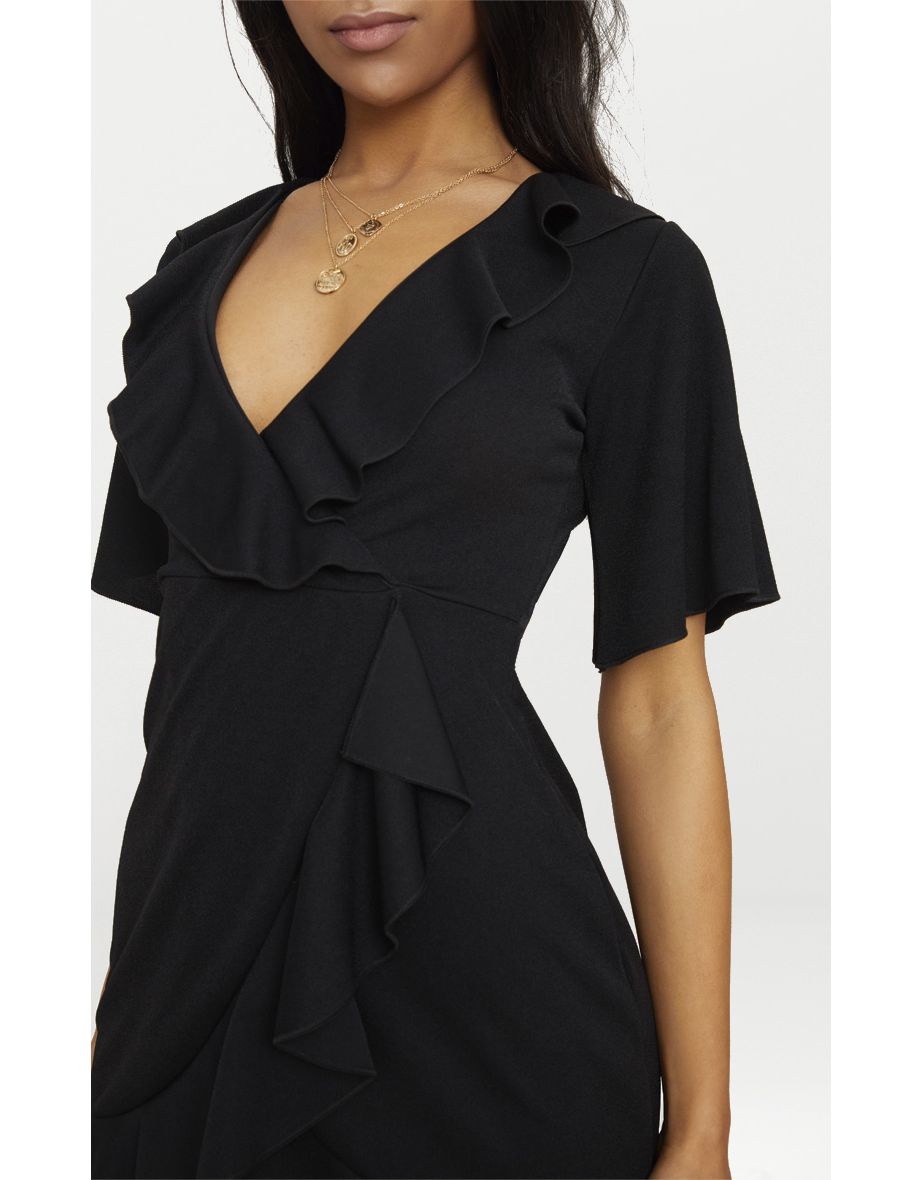 Black Frill Detail Wrap Dress - 4