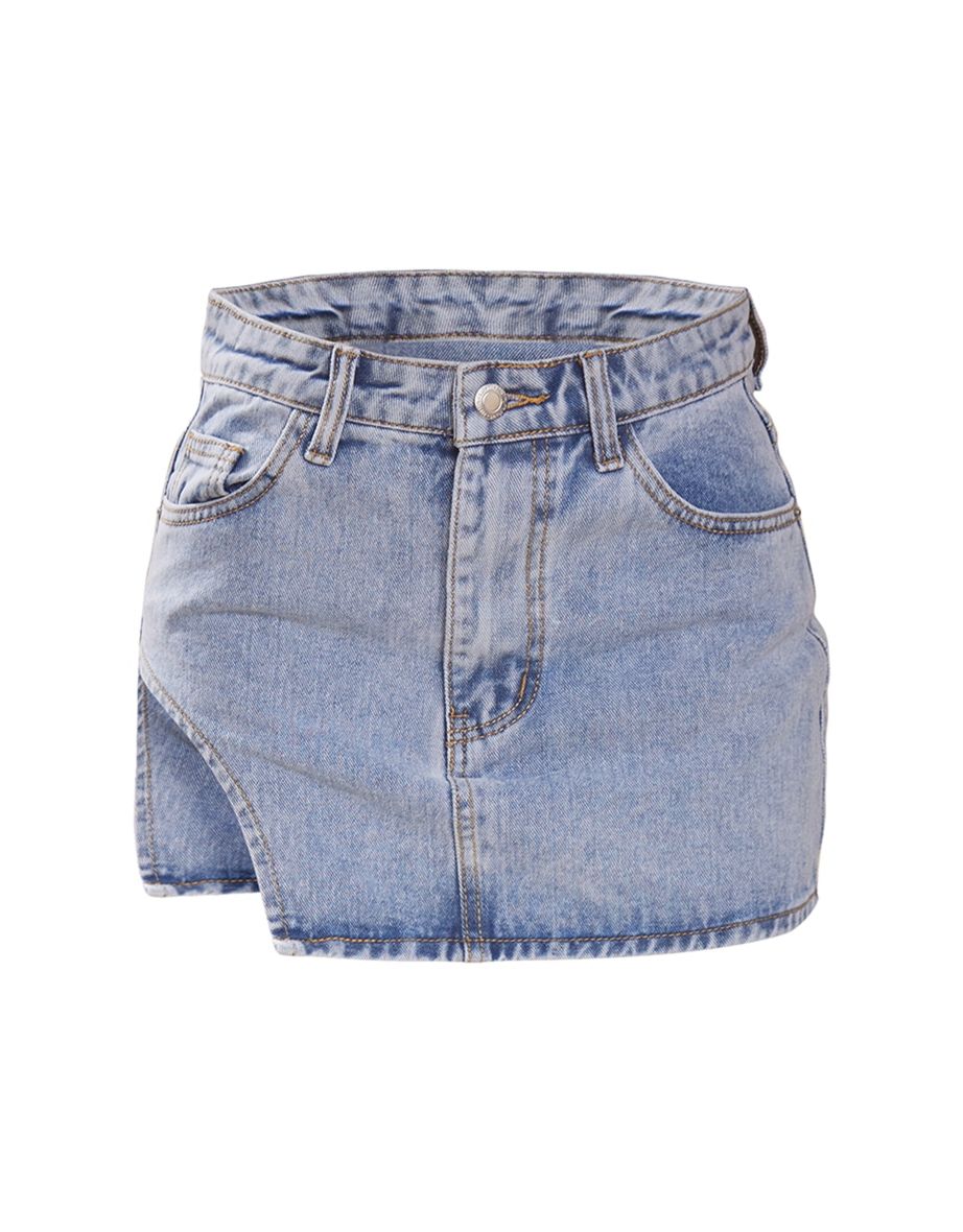 Petite Light Blue Wash Micro Mini Cut Out Denim Skirt - 5