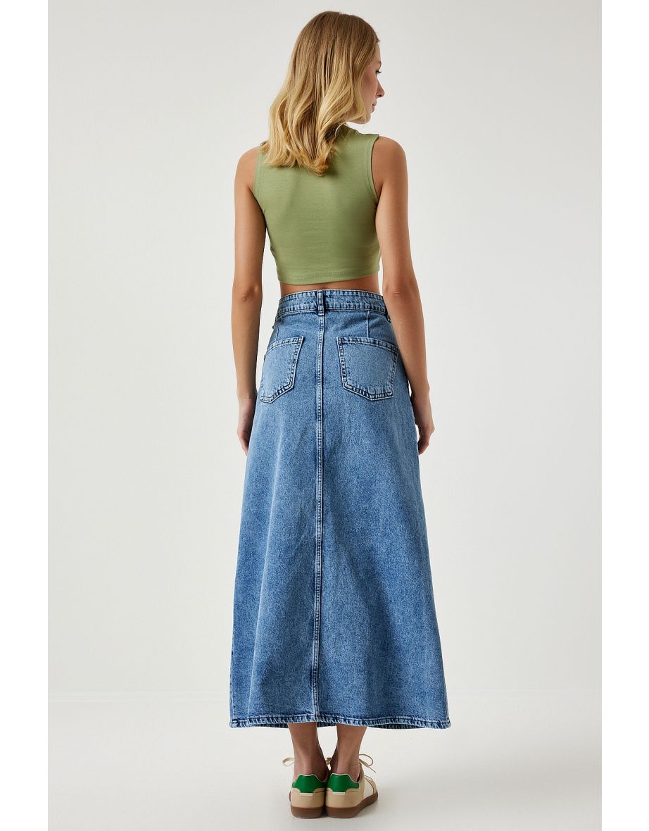 Women's Light Blue Slit Long Denim Skirt - 5
