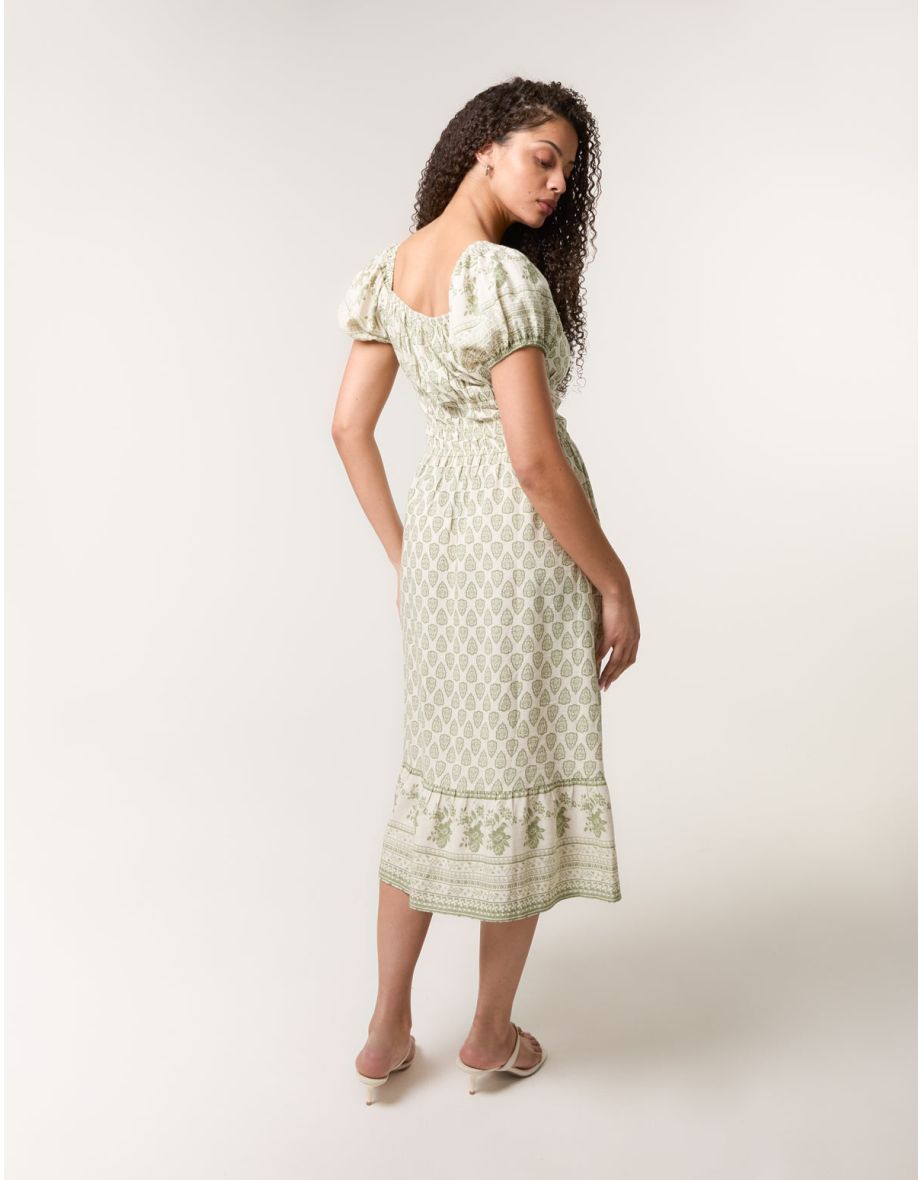 Border Print Puff Sleeve Midi Dress - 3