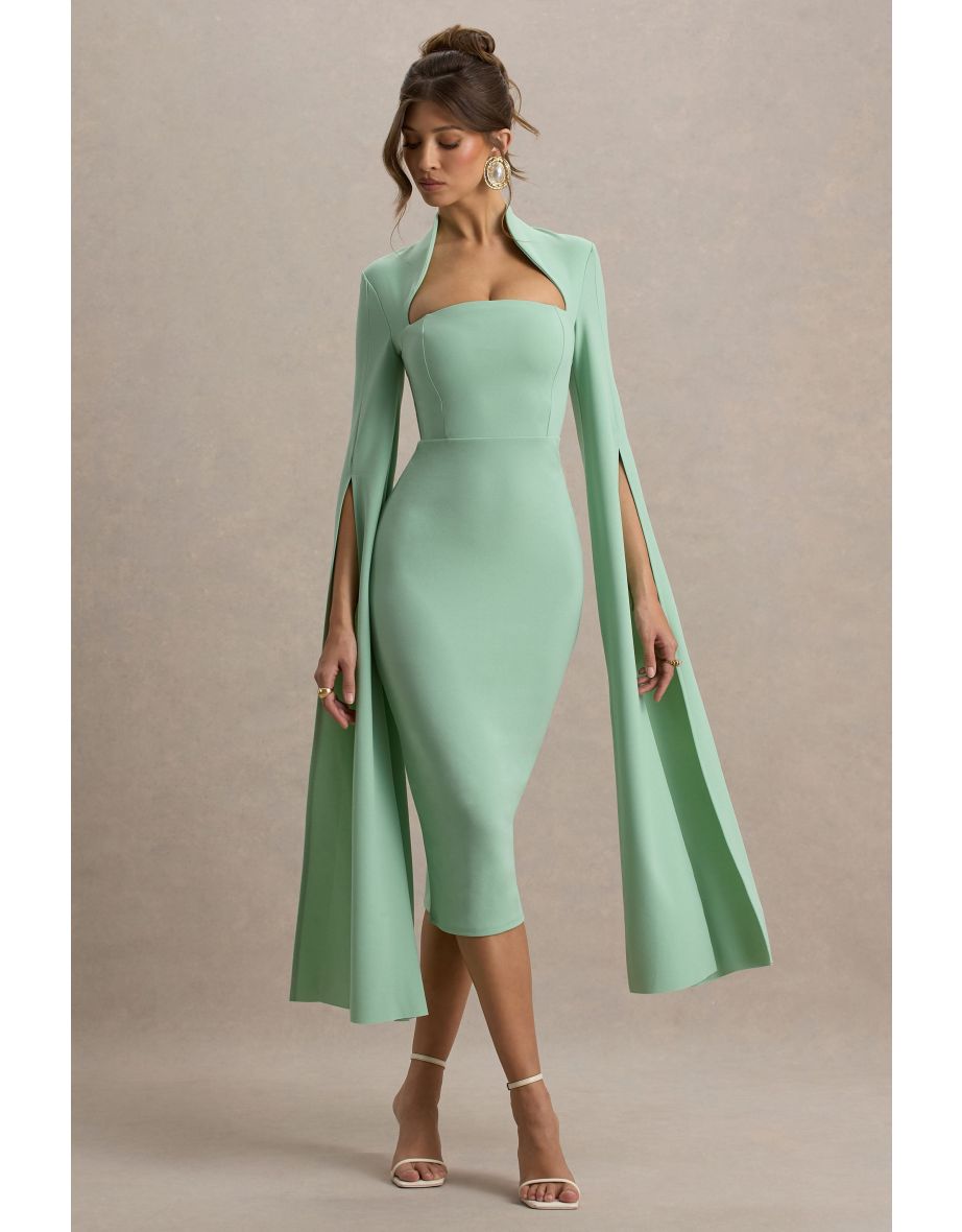 Linden | Light Green Bodycon Cape-Sleeve Midi Dress