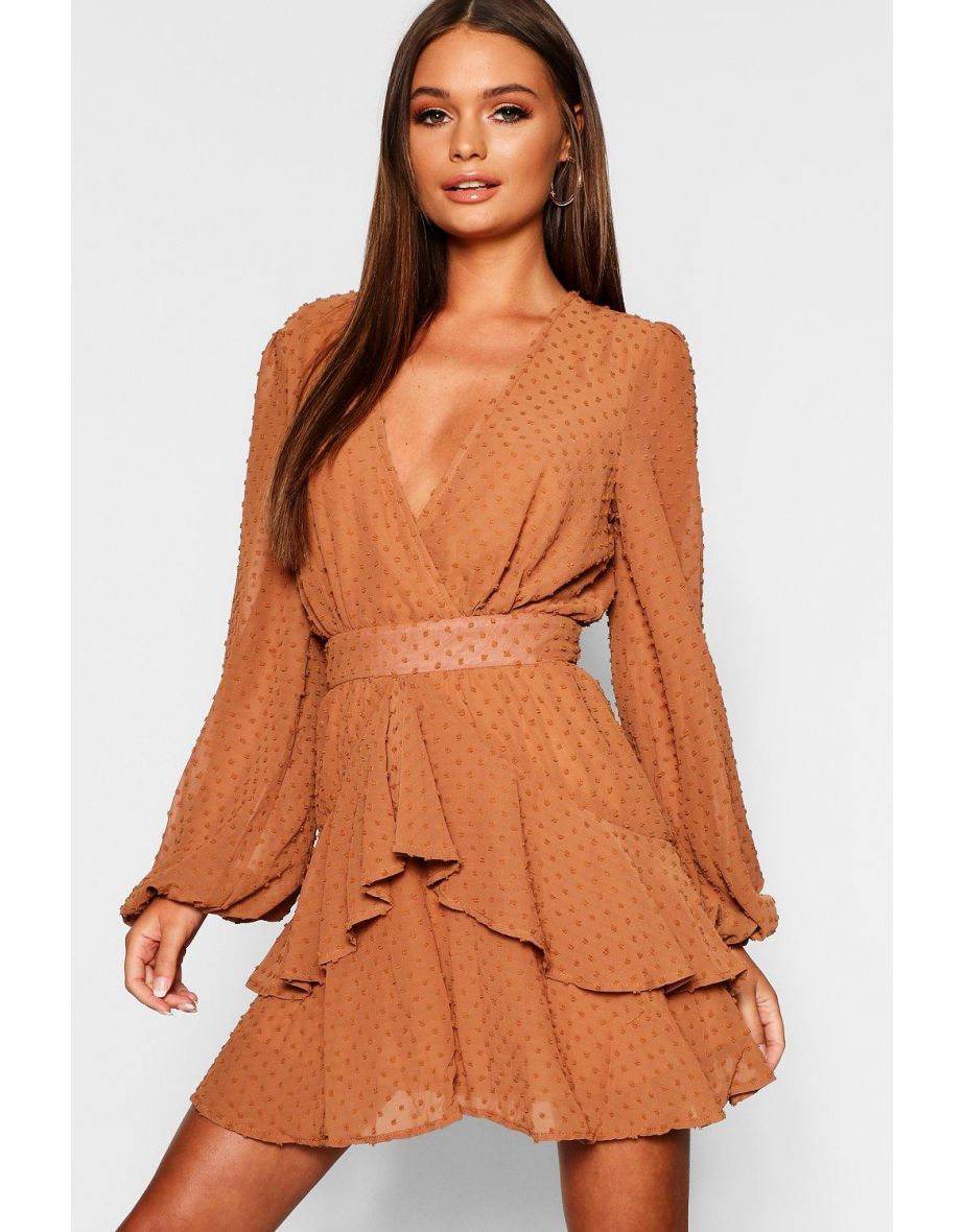 Ruffle Hem Dobby Chiffon Mini Dress - caramel
