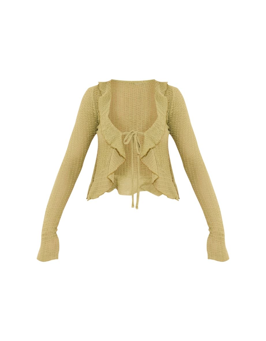 Green Textured Knit Look Ruffle Tie Shirt - 4