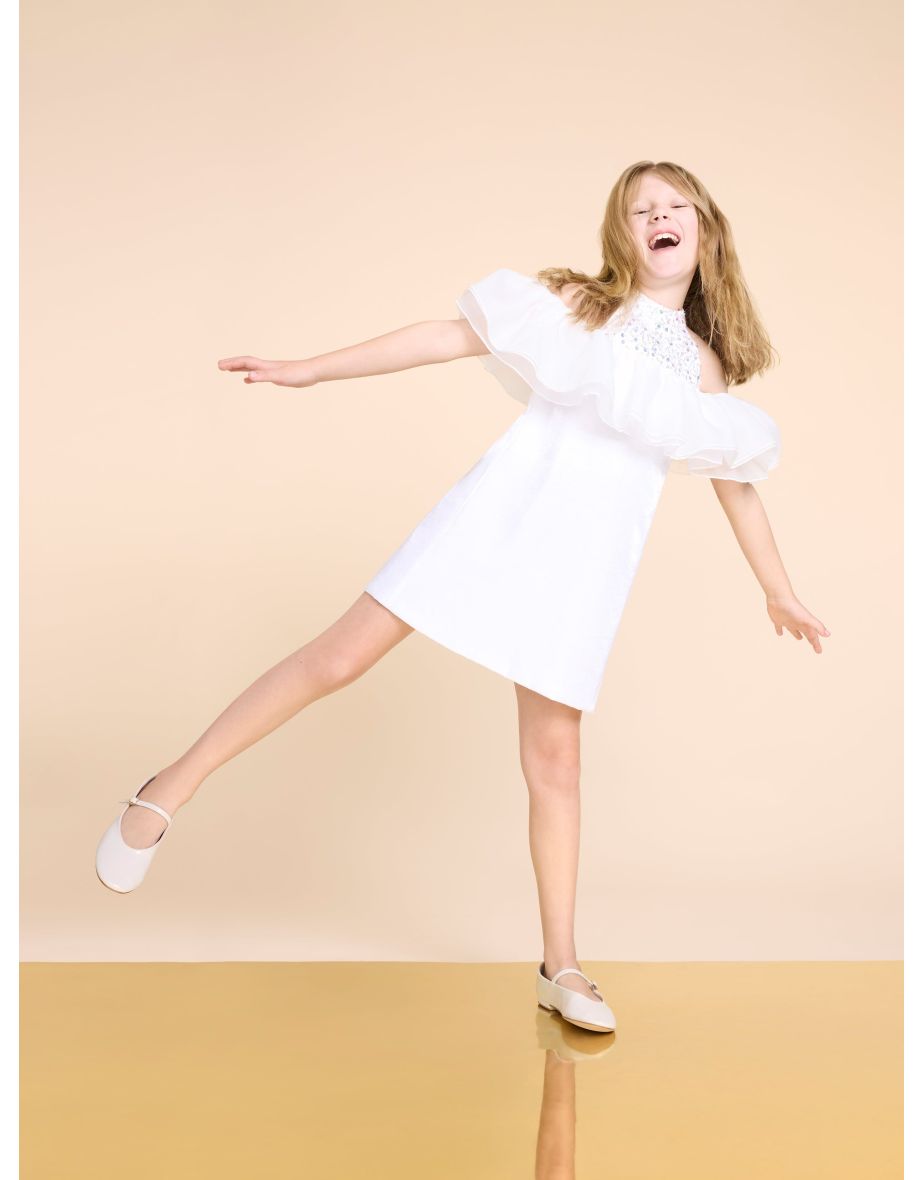 Girls Beaded Neck Satin Dress With Ruffles in White