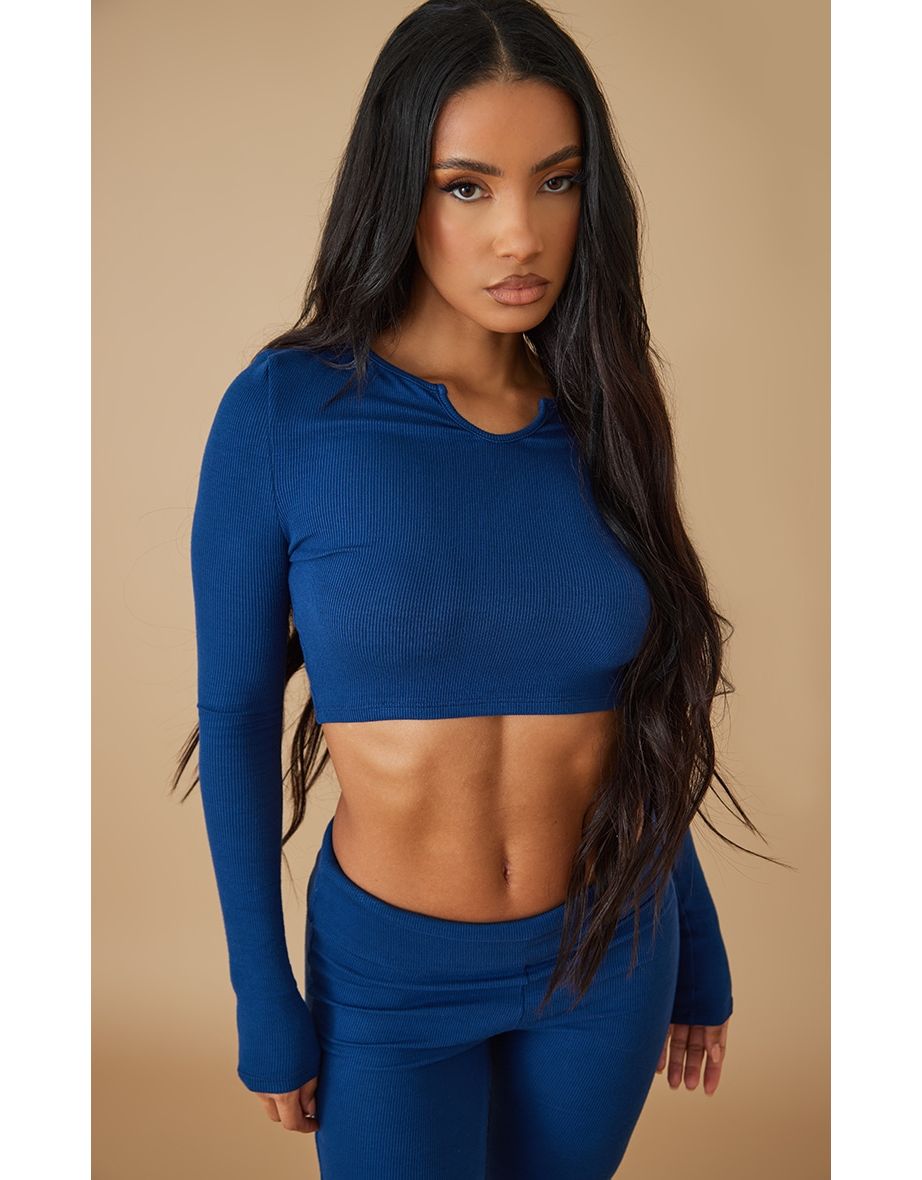Navy Soft Rib Notch Neck Longline Top