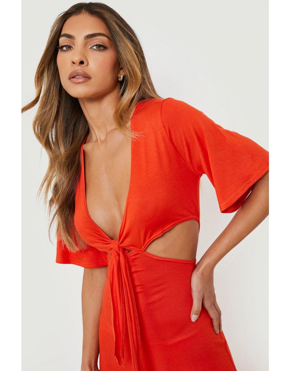 Cut Out Tie Front Maxi Dress - orange - 3