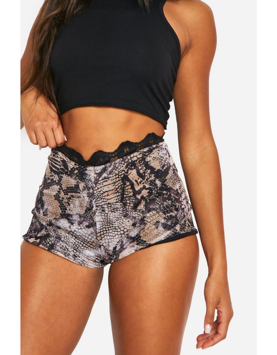 Snake Print Mesh Ruched Lace Trim Booty Short - snake - 3