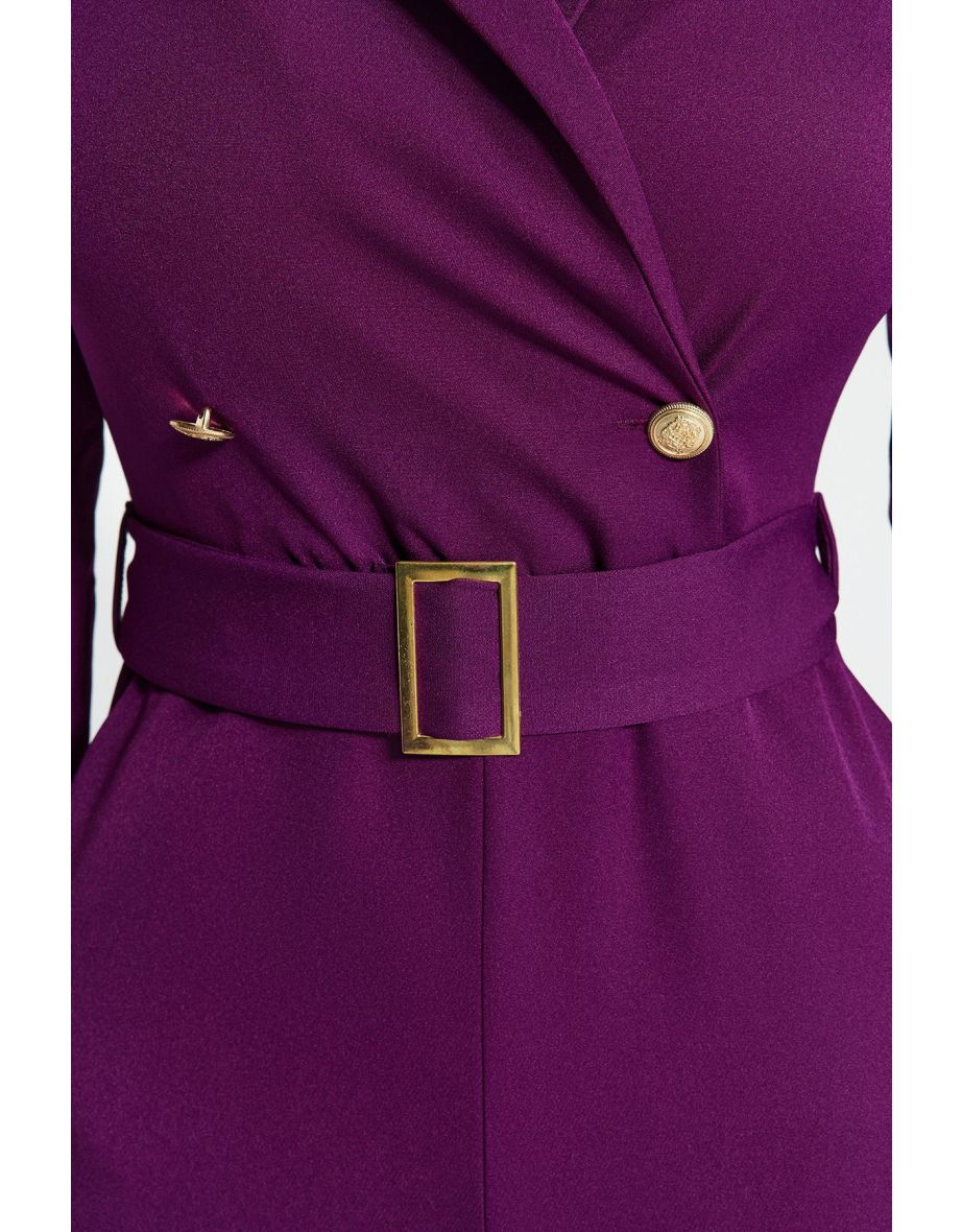 Plum Belted Double Breasted Collar Woven Jumpsuit - 5