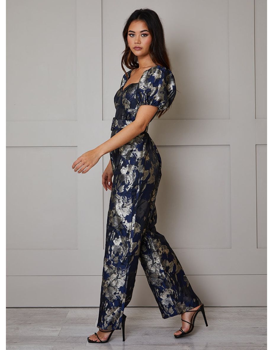Puff Sleeve Jacquard Wide Leg Jumpsuit in Navy