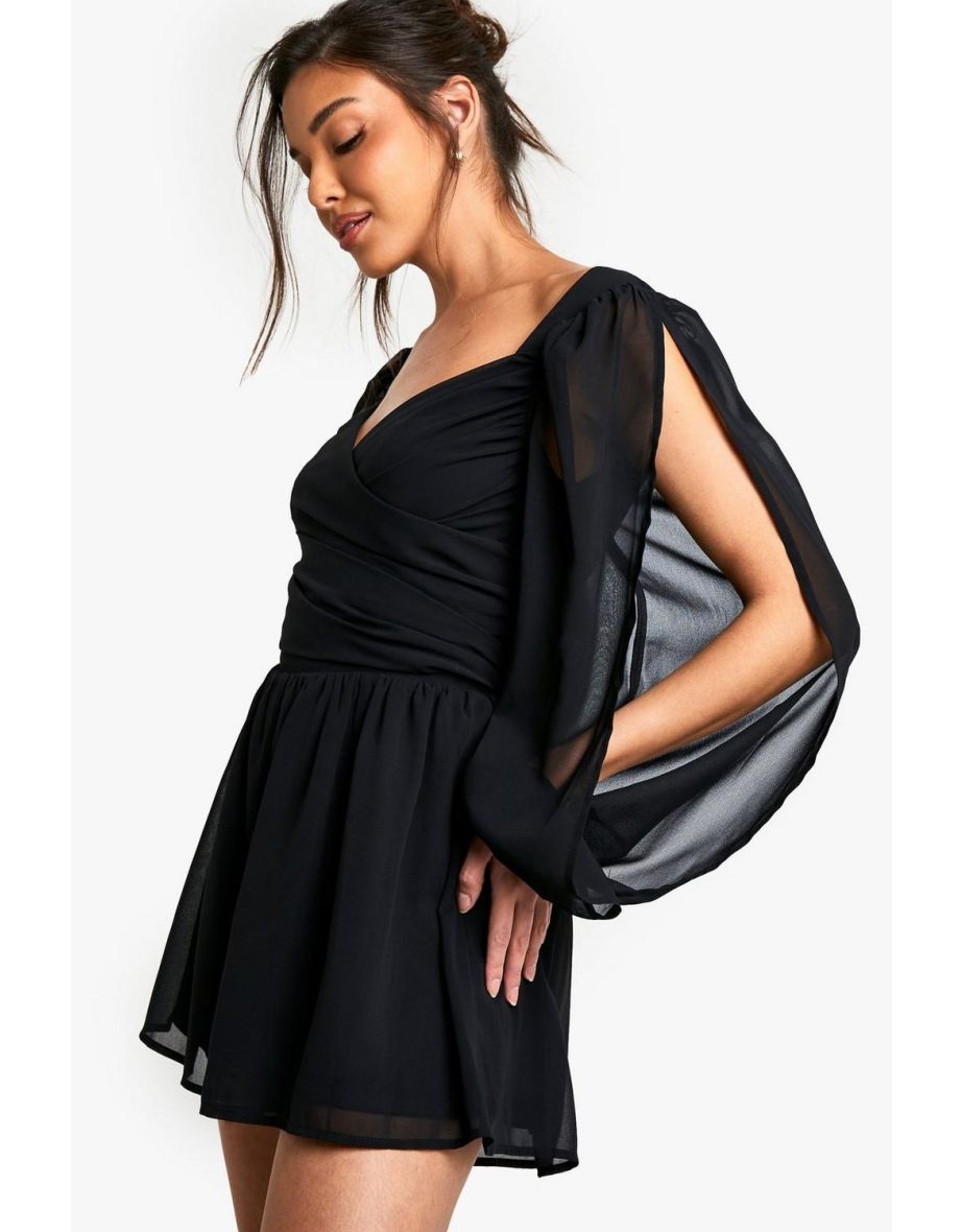 Chiffon Wrap Split Sleeve Playsuit - black - 3