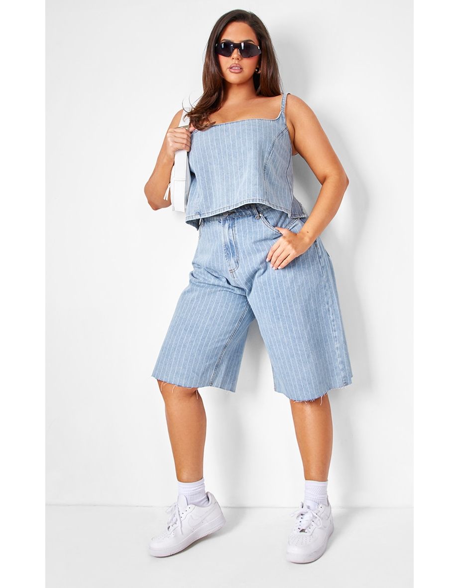 Plus Light Blue Pinstripe Long Line Denim Shorts