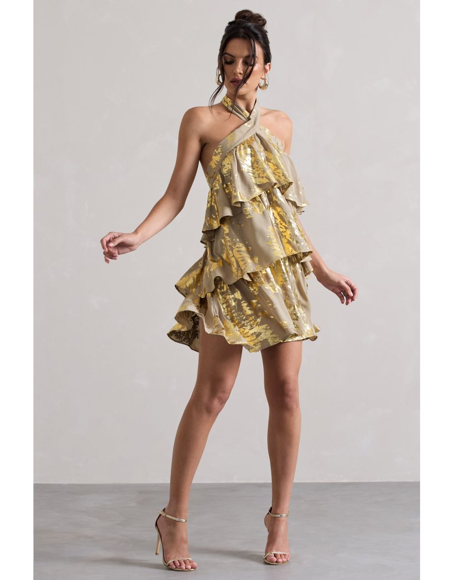 Alecia | Metallic Gold Halter-Neck Ruffle Mini Dress - 4