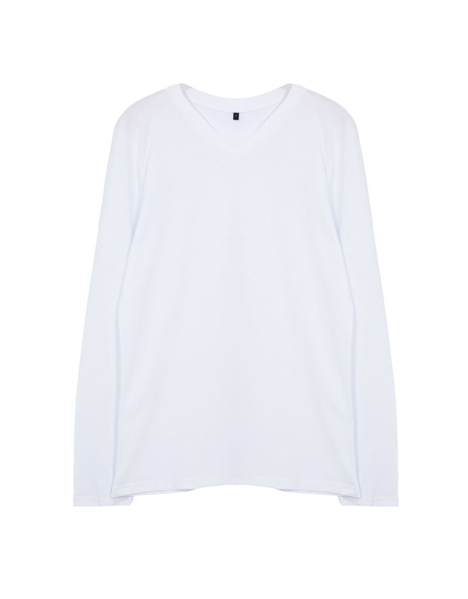 White Slim/Tight Fit V-Neck 100% Cotton Basic T-shirt - 2