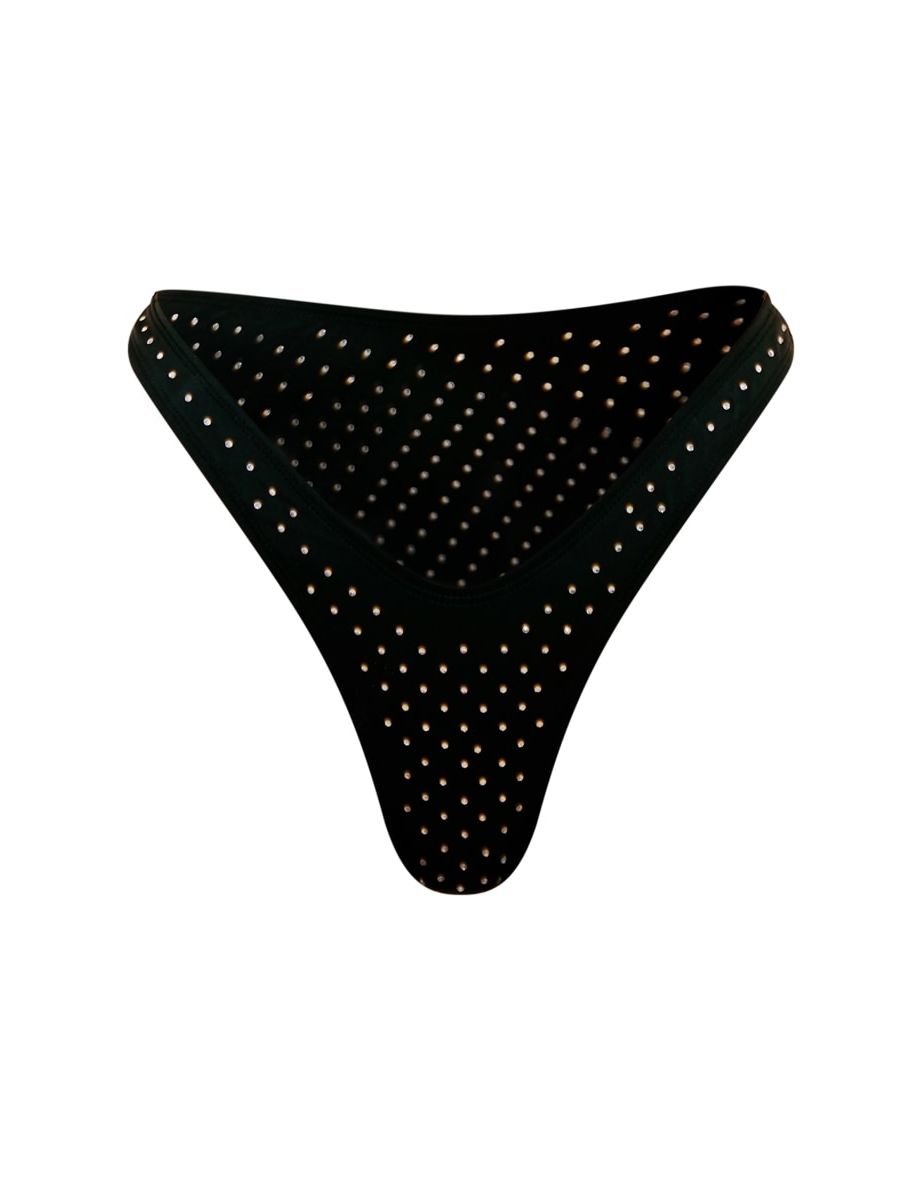 Black Diamante Detail Thong Bikini Bottoms - 4