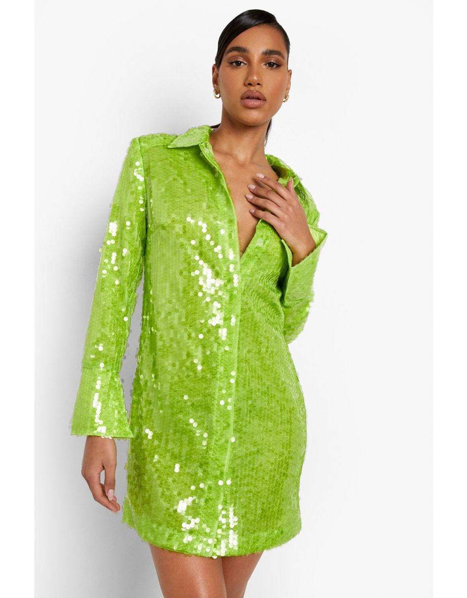 Sequin Split Cuff Power Shoulder Shirt Party Dress - lime