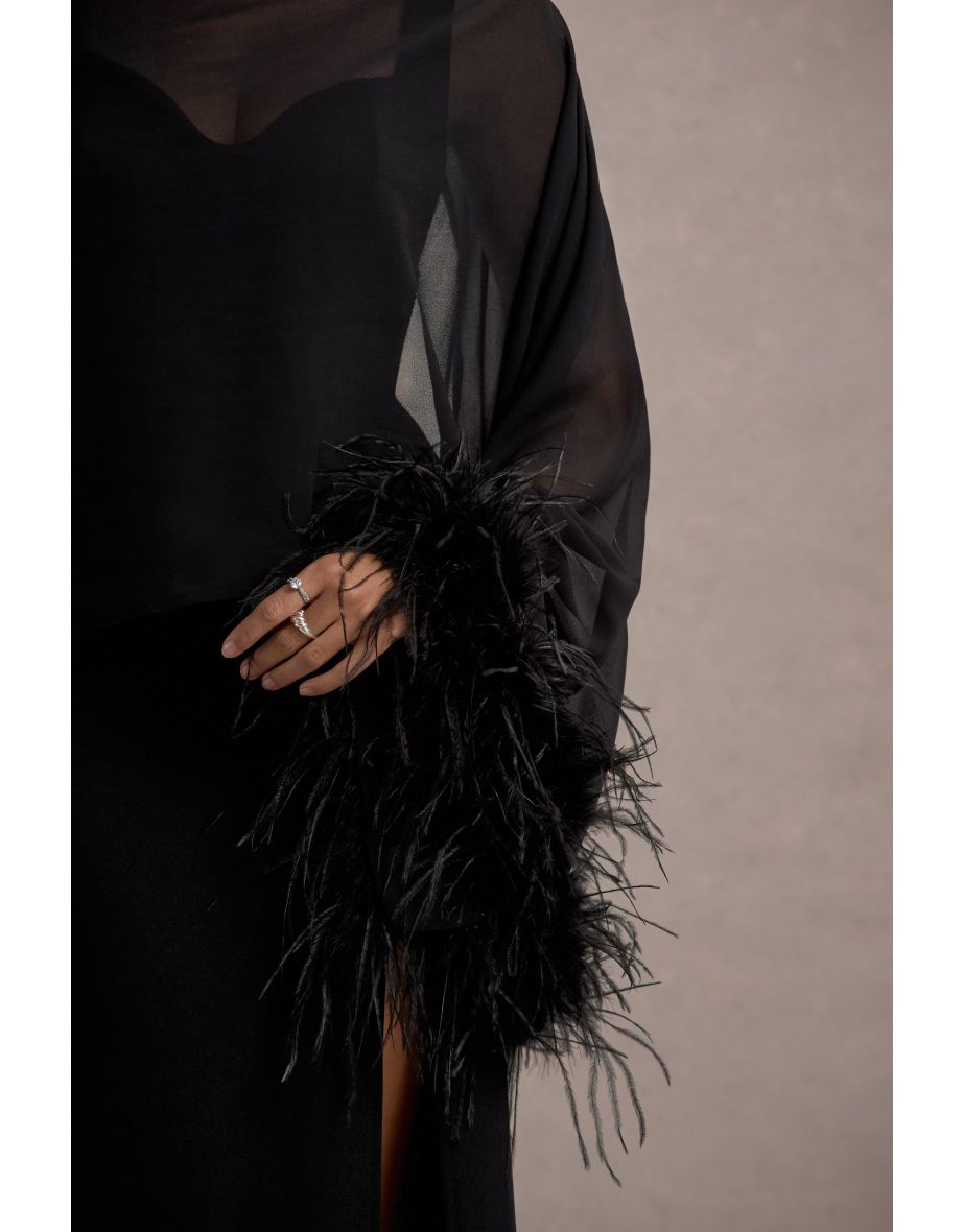 Swoon | Black Chiffon Feather-Trim Shawl - 4