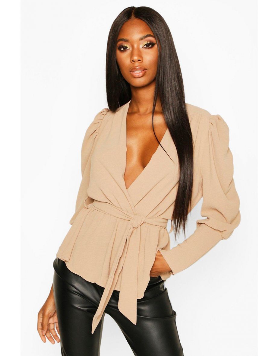 Puff Sleeve Wrap Blouse - stone