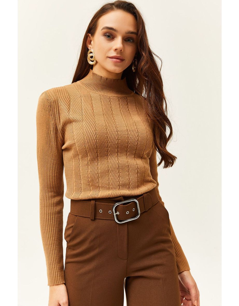 Women's Camel Half Turtleneck Zigzag Textured Soft Knitwear Sweater