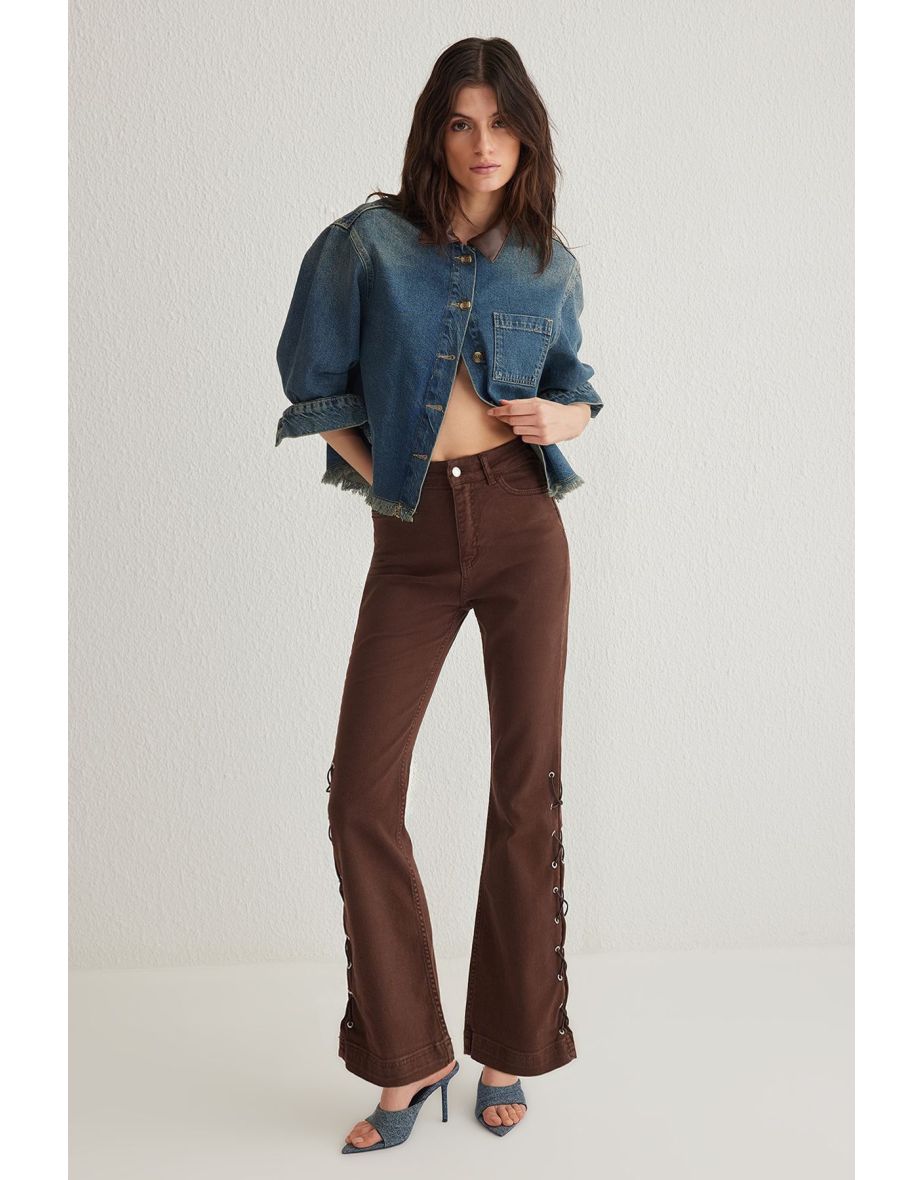 Brown Eyelet Side Lace High Waist Flare Jeans
