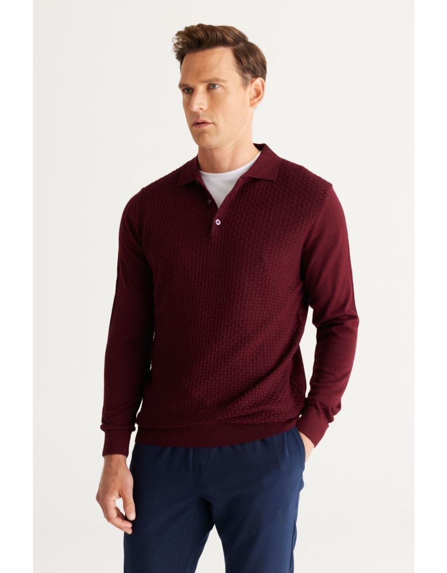 Men's Burgundy Standard Fit Normal Cut Polo Neck Wool Knitwear Sweater