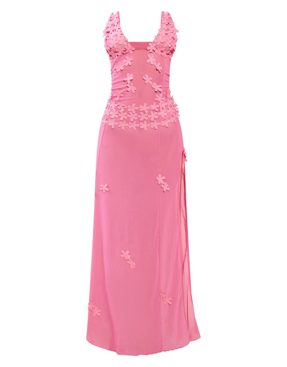 Petite Baby Pink Mesh Flower Detail Side Split Maxi Dress - 4