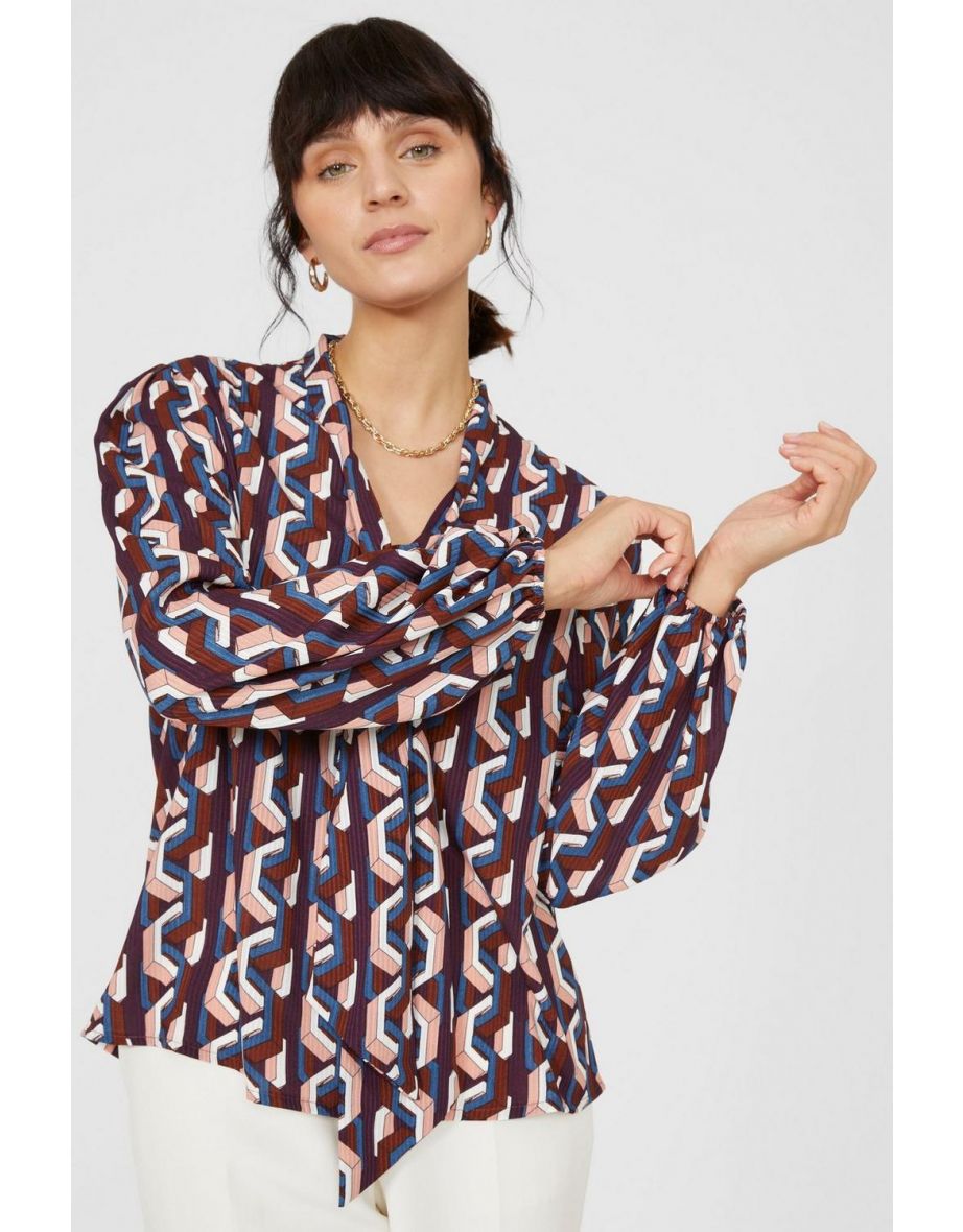 Printed Tie Neck Top - pink