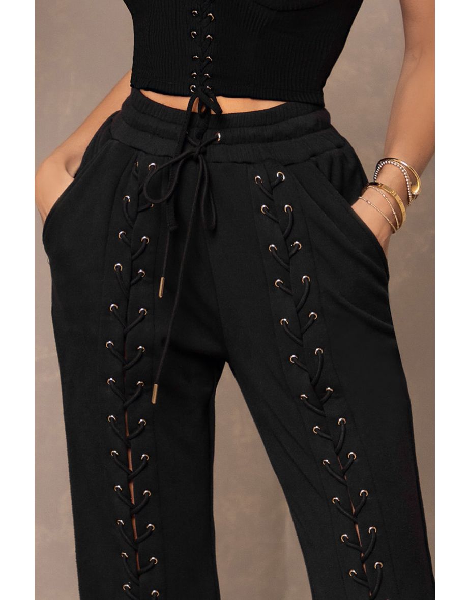 Black Eyelet & Lace Up Detail Wide Leg Jogger - 7