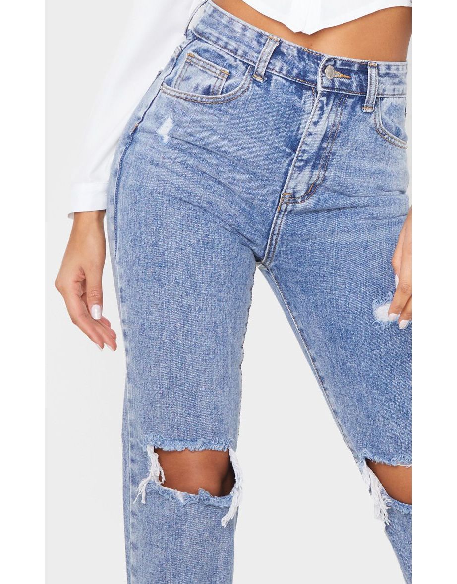 Vintage Wash Extra Long Distressed Straight Leg Jeans - 4