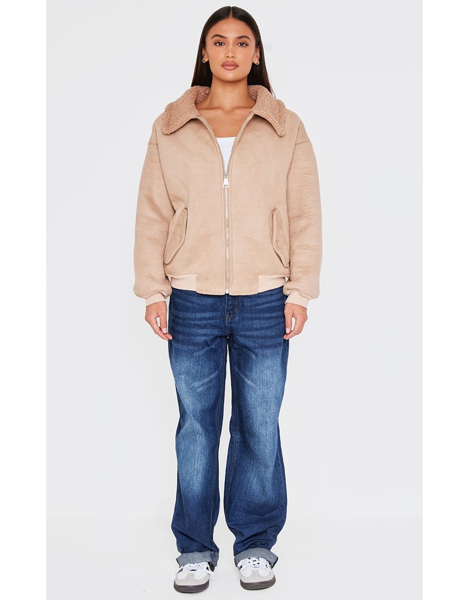 Brown Borg Faux Suede Bomber Jacket