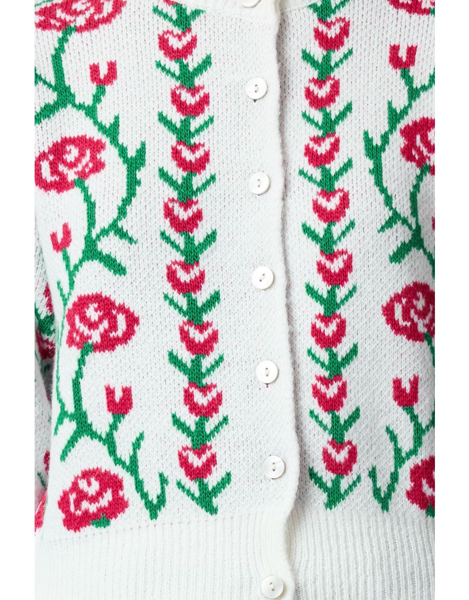 Ecru Soft Texture Floral Knit Cardigan - 4