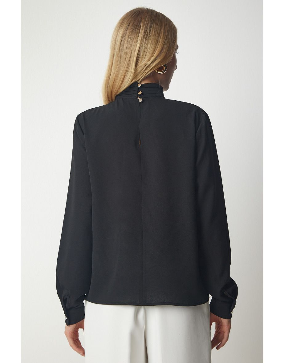 Women's Black Window Detail Flowy Crepe Blouse - 5