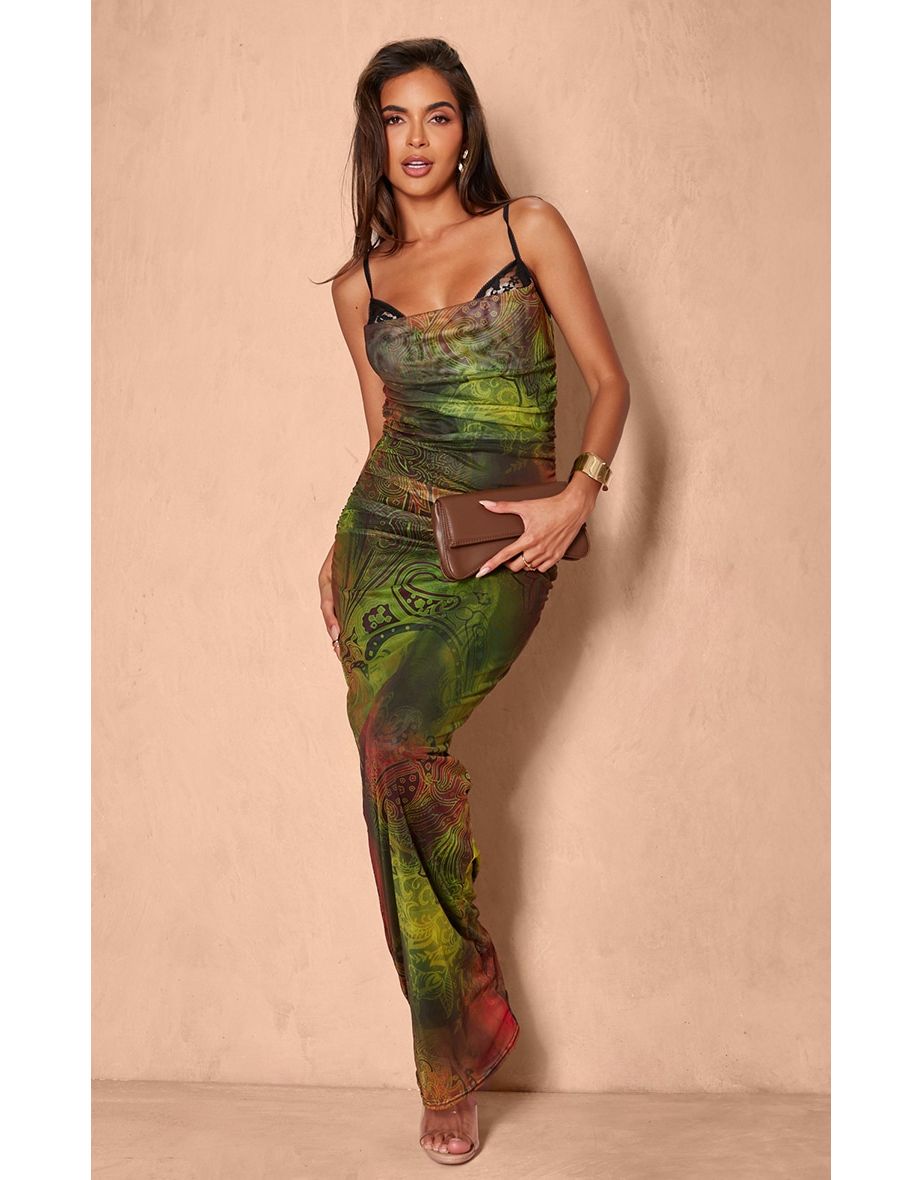 Green Paisley Print Mesh Cowl Neck Lace Cup Detail Maxi Dress