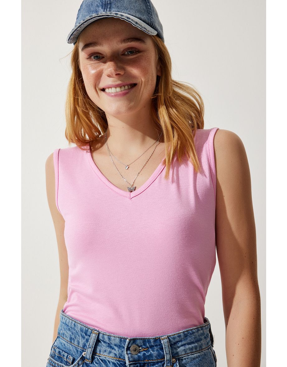 Women's Candy Pink Deep Front Back V Neck Viscose Blouse