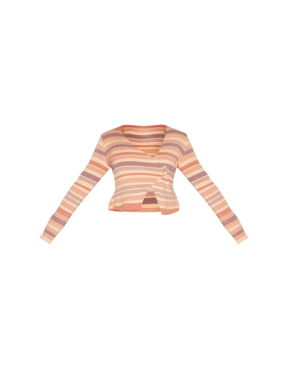 Shape Peach Knitted Strippred Wrap Over Gold Button Cardigan - 4