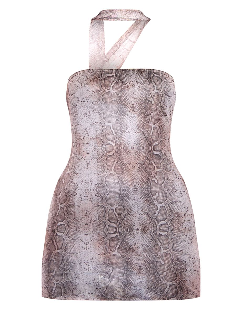 Snake Print Printed Mesh Tie Neck Mini Dress - 4