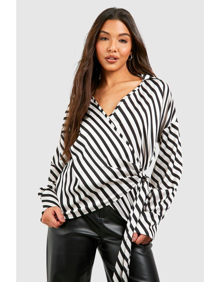 Mono Satin Stripe Wrap Front Tie Waist Shirt