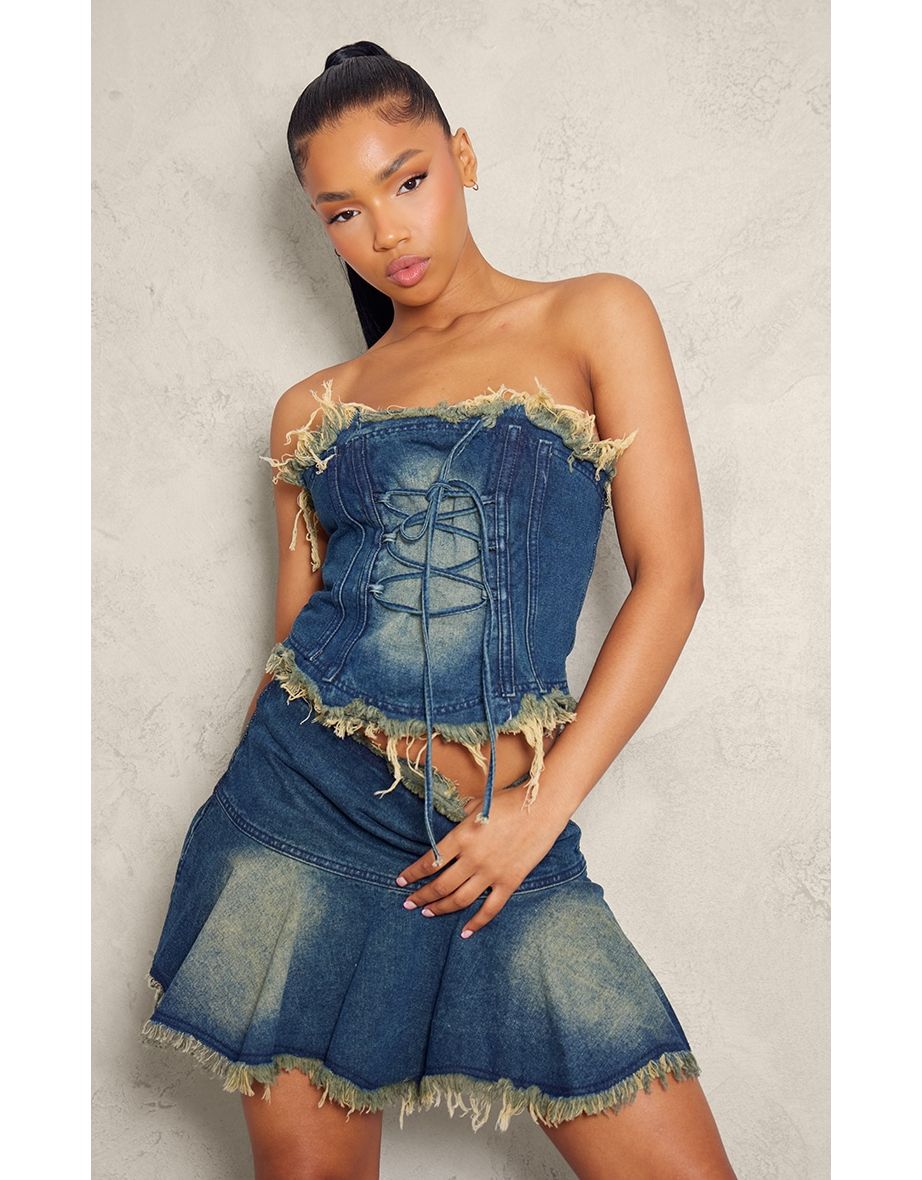 Vintage Blue Extreme Raw Edge Lace Up Denim Corset