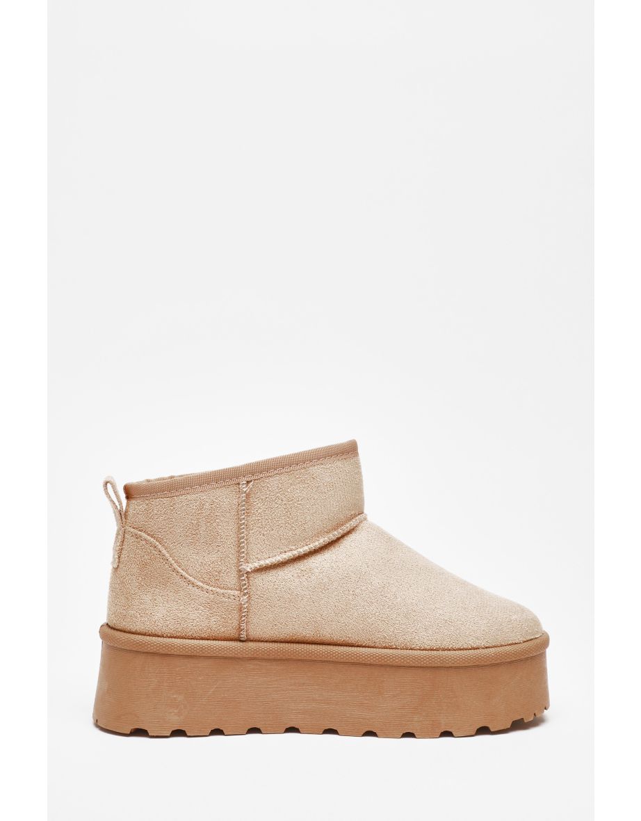 Beige Faux Suede Platform Ankle Boots - 4