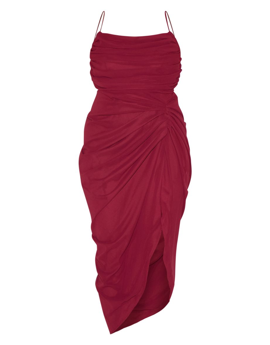 Plus Wine Chiffon Ruched Drape Midi Dress - 4
