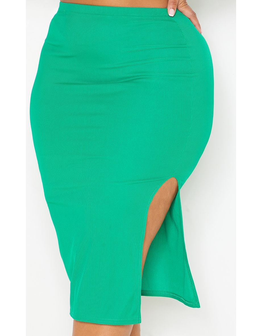 Plus Bright Green Rib Midi Skirt - 3