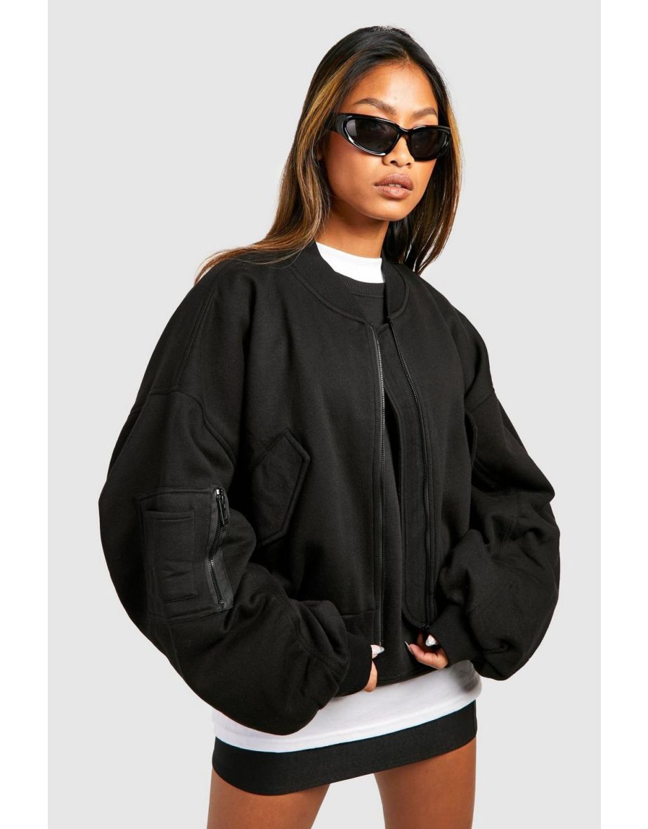 Batwing Fleece Oversized Bomber Jacket - black