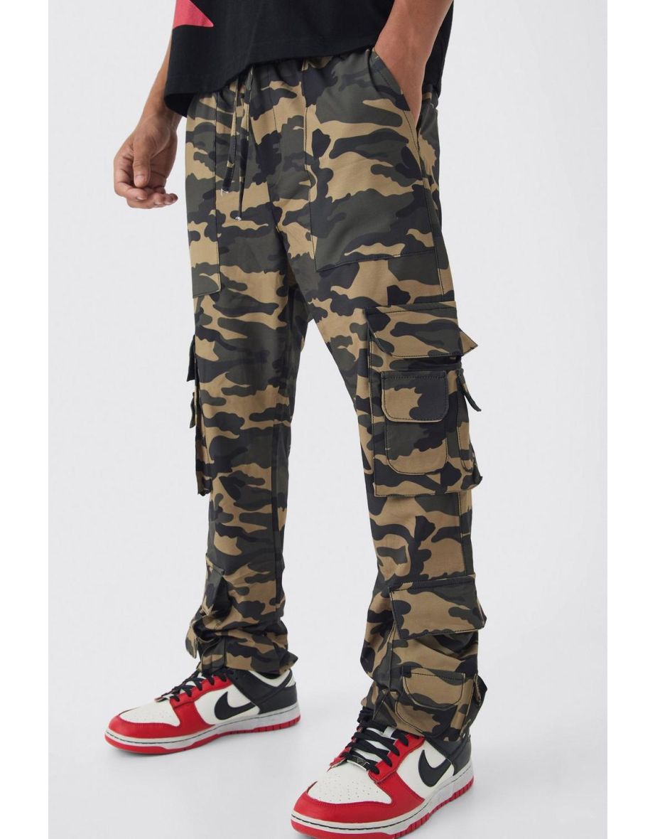 Elasticated Slim Stacked Nylon Camo Cargo Trousers