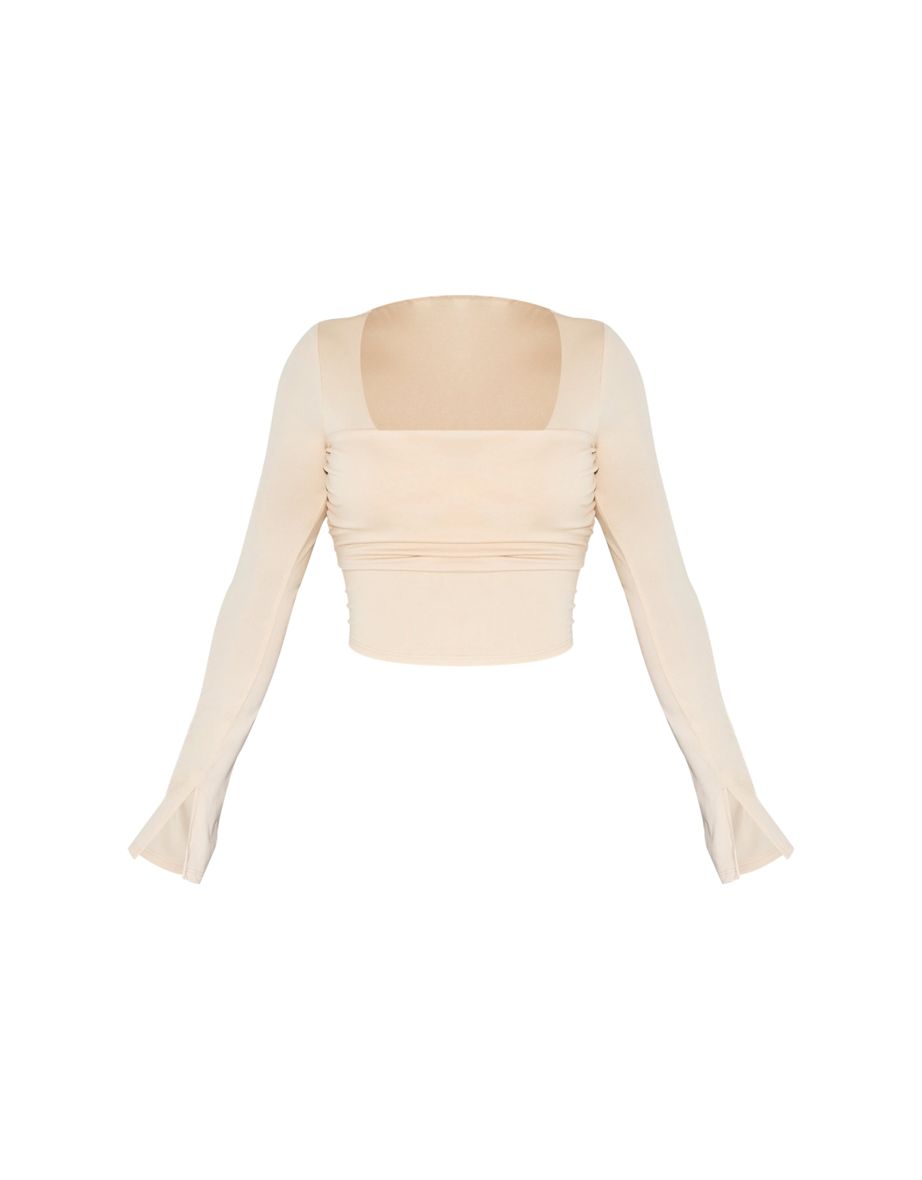 Shape Cream Super Soft Scoop Neck Ruched Bust Long Sleeve Top - 4