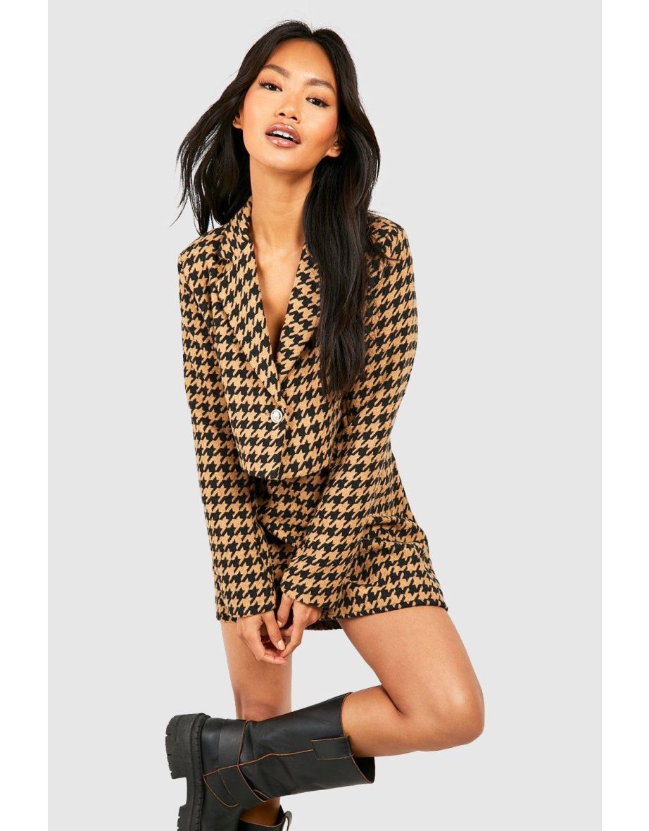 Premium Dogtooth Boxy Cropped Blazer - camel