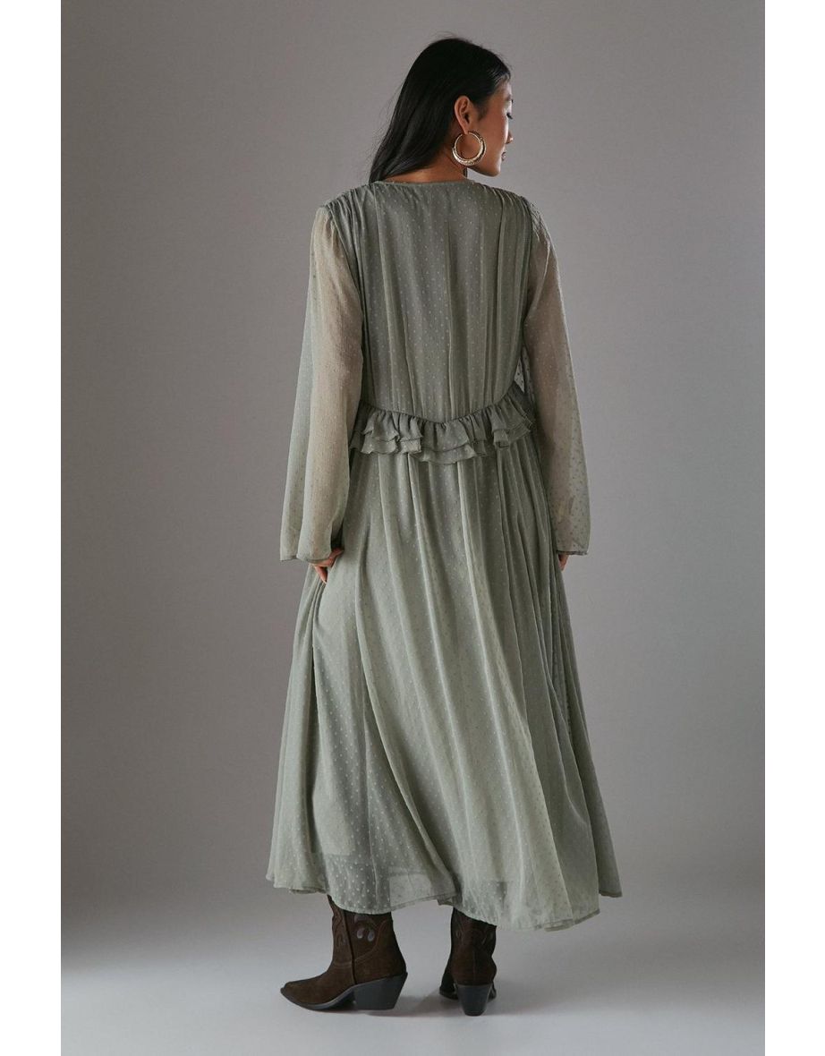 Petite Dobby Chiffon Plunge Neck Ruffle Midi Smock Dress - 3