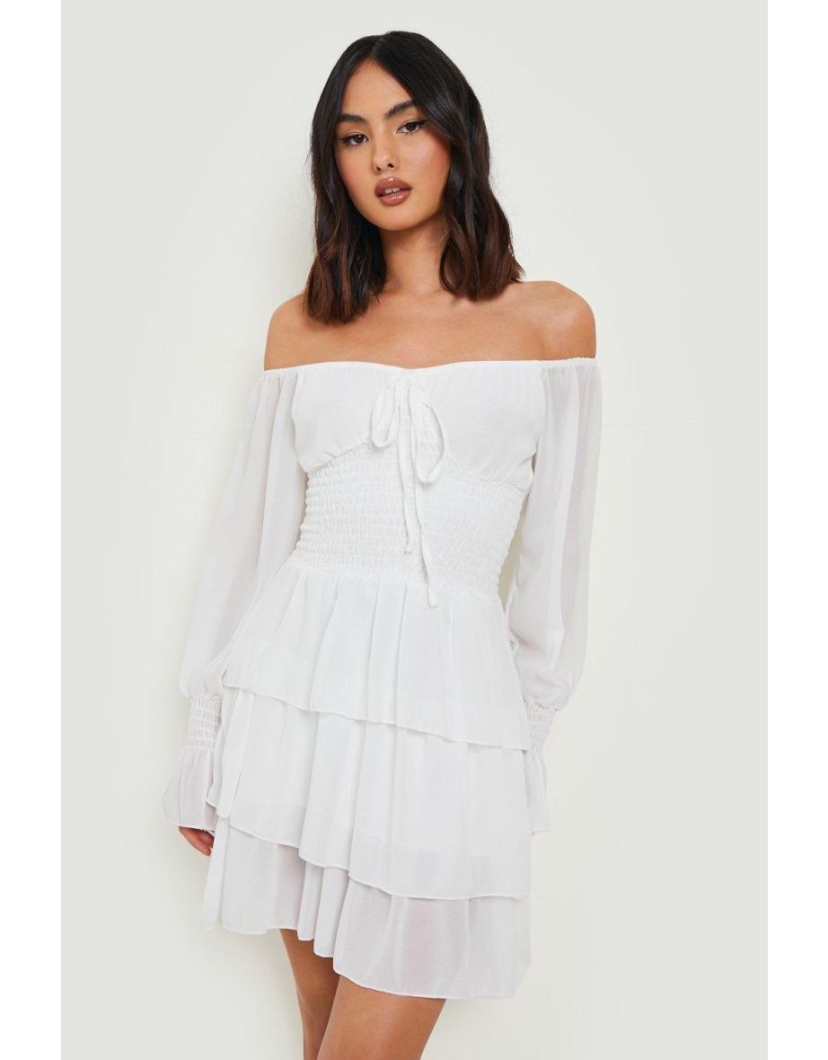 Chiffon Shirred Bardot Mini Dress - white