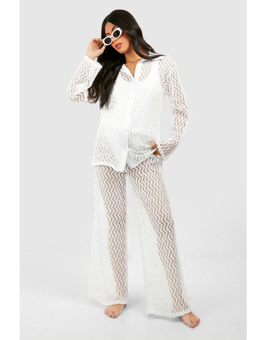 Maternity Crochet Button Down Wide Leg Beach Set - white