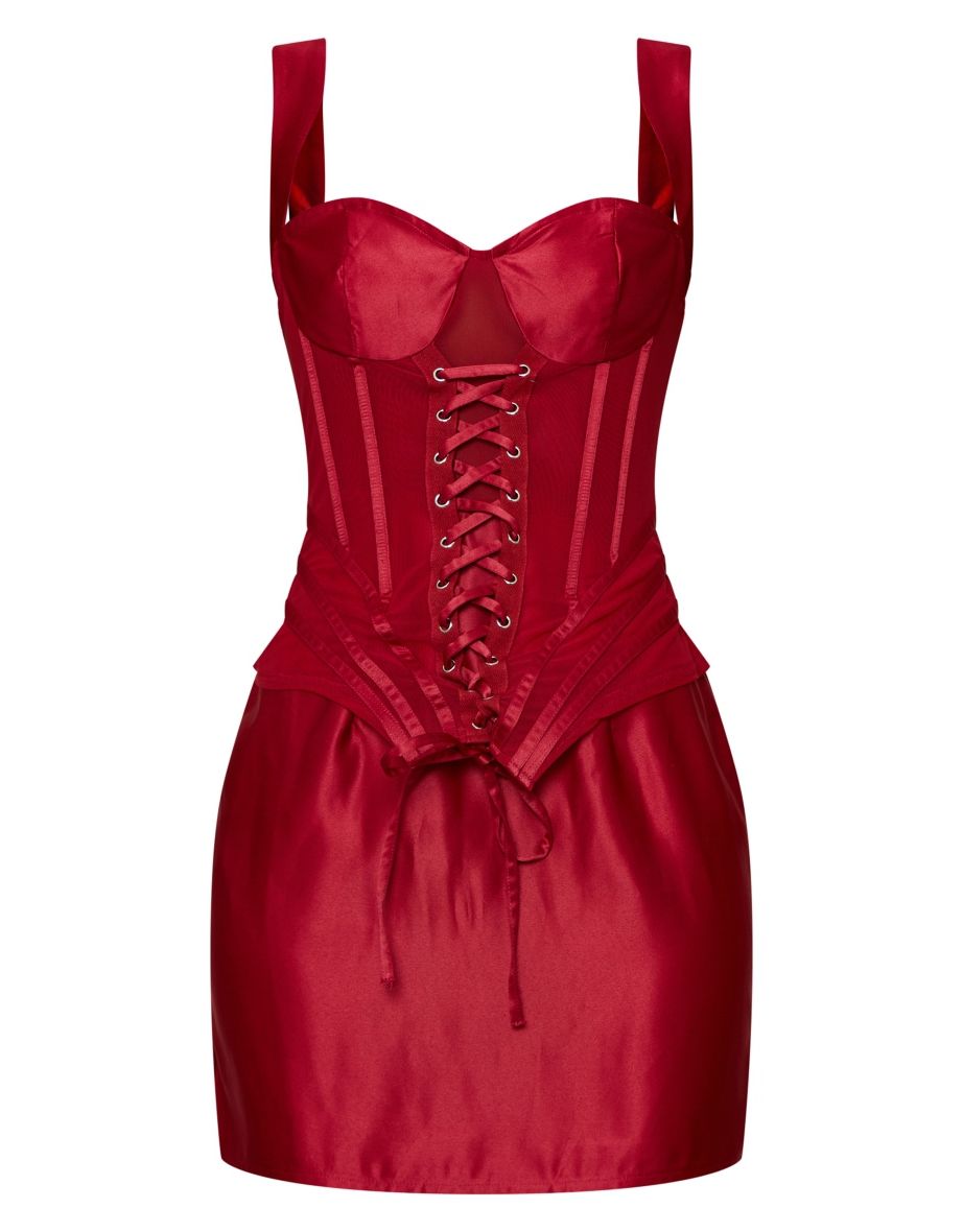 Red Satin Eyelet Lace Up Corset Detail Bodycon Dress - 4