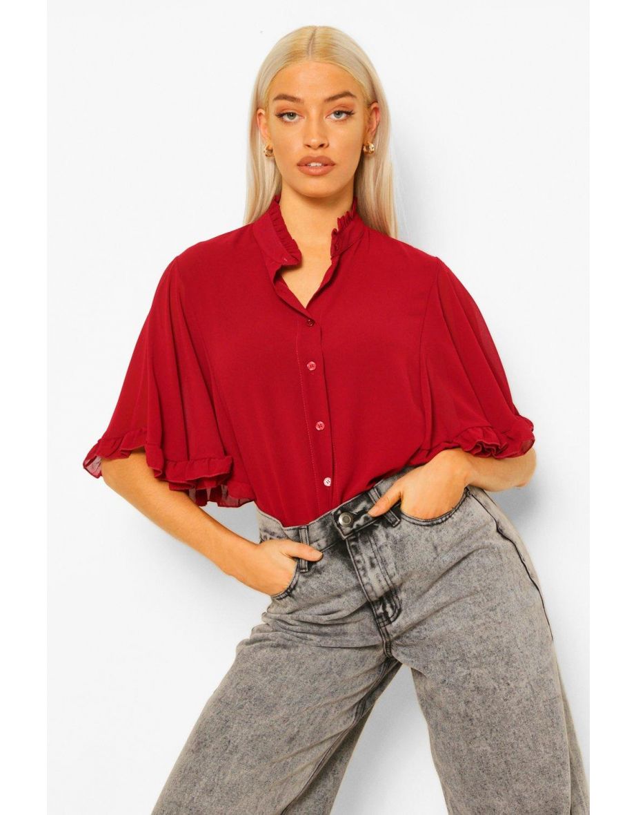 Woven Ruffle angel Sleeve Blouse - red