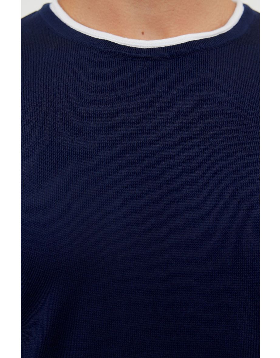 Navy Blue Men's Slim Fit Contrast Collar Piping Sweater - 4